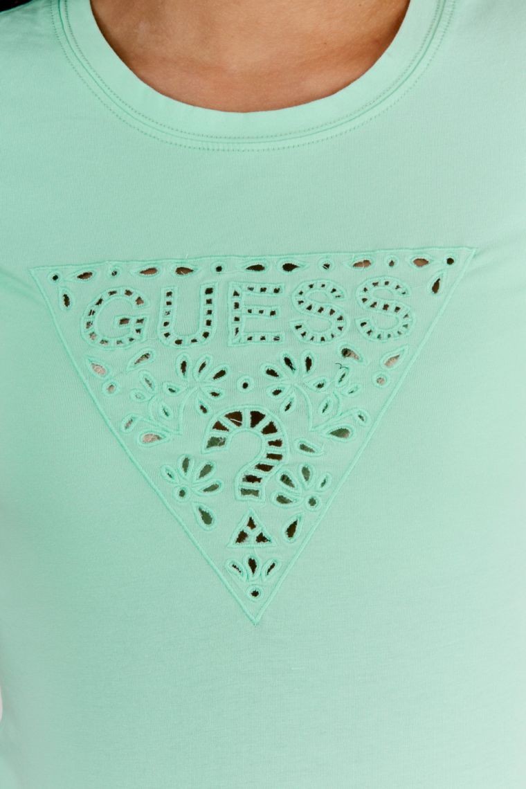 GUESS Zielony t-shirt damski z ażurowym logo