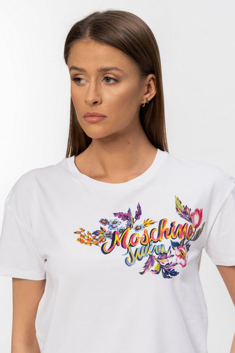 MOSCHINO Biały t-shirt damski z logo i kwiatami