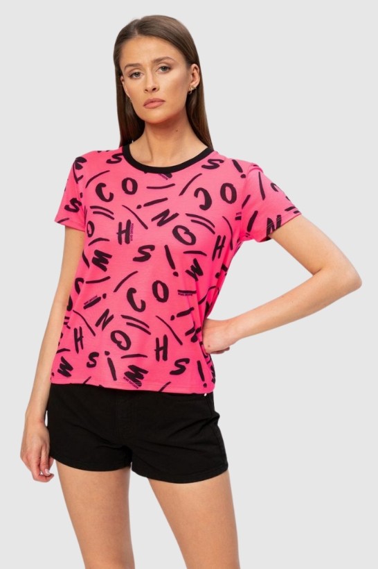 MOSCHINO Różowy t-shirt w czarne litery