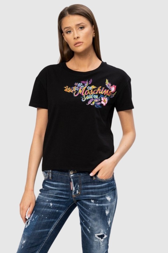 MOSCHINO Czarny t-shirt z logo i kwiatami