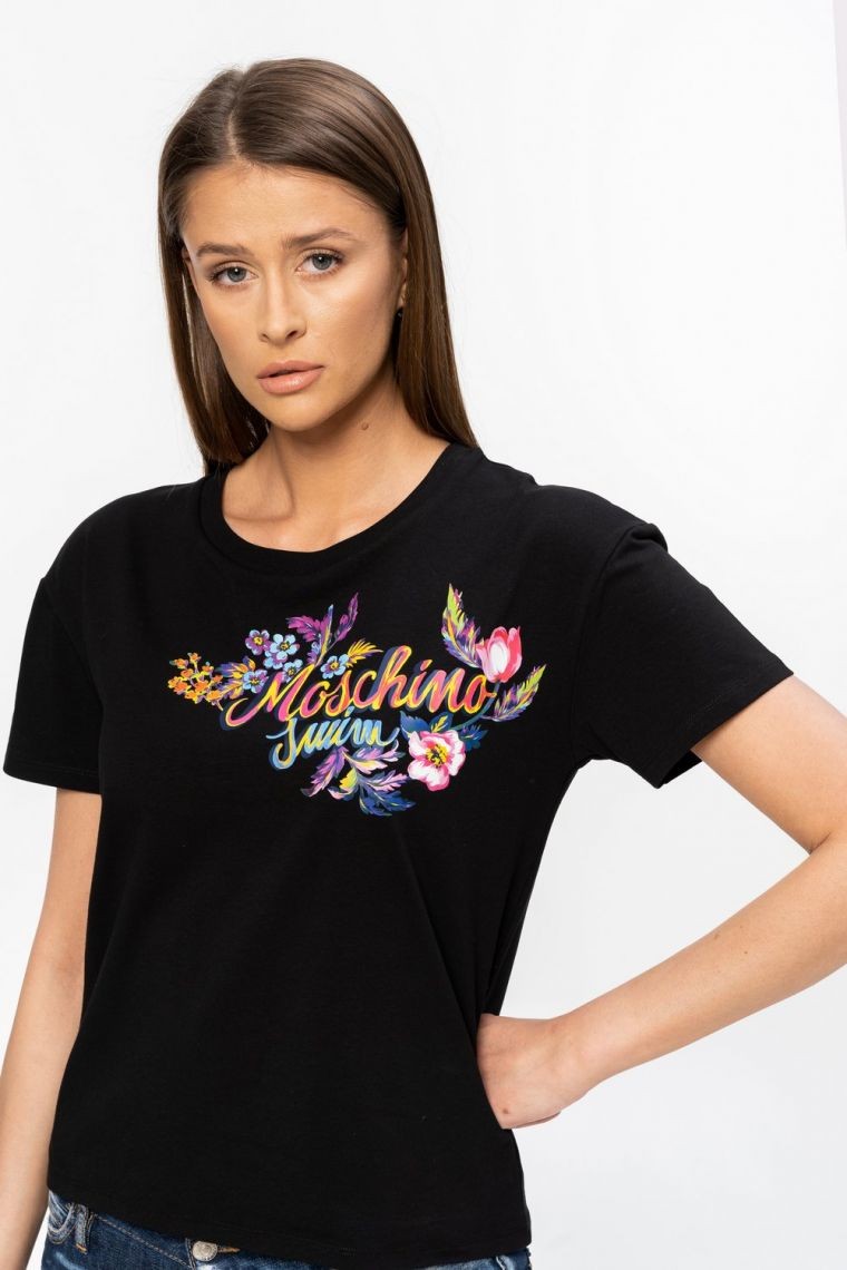 MOSCHINO Czarny t-shirt damski z logo i kwiatami