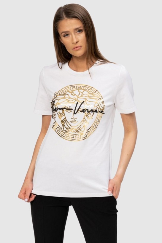 VERSACE Biały t-shirt damski ze złotą meduzą