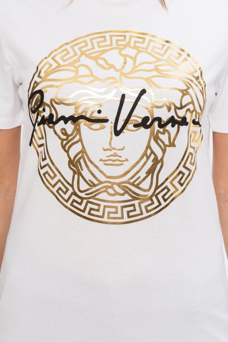 VERSACE Biały t-shirt damski ze złotą meduzą