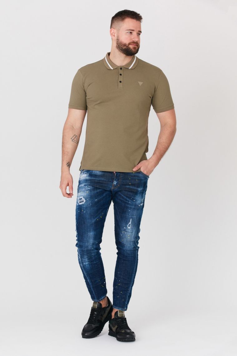 GUESS Khaki koszulka polo z paskiem na kołnierzyku