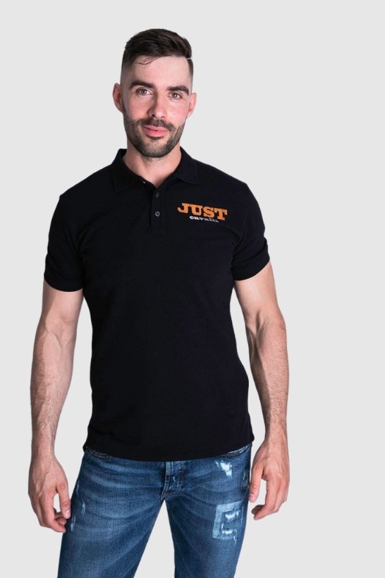 JUST CAVALLI Tricou polo pentru bărbați, negru auriu cu logo argintiu