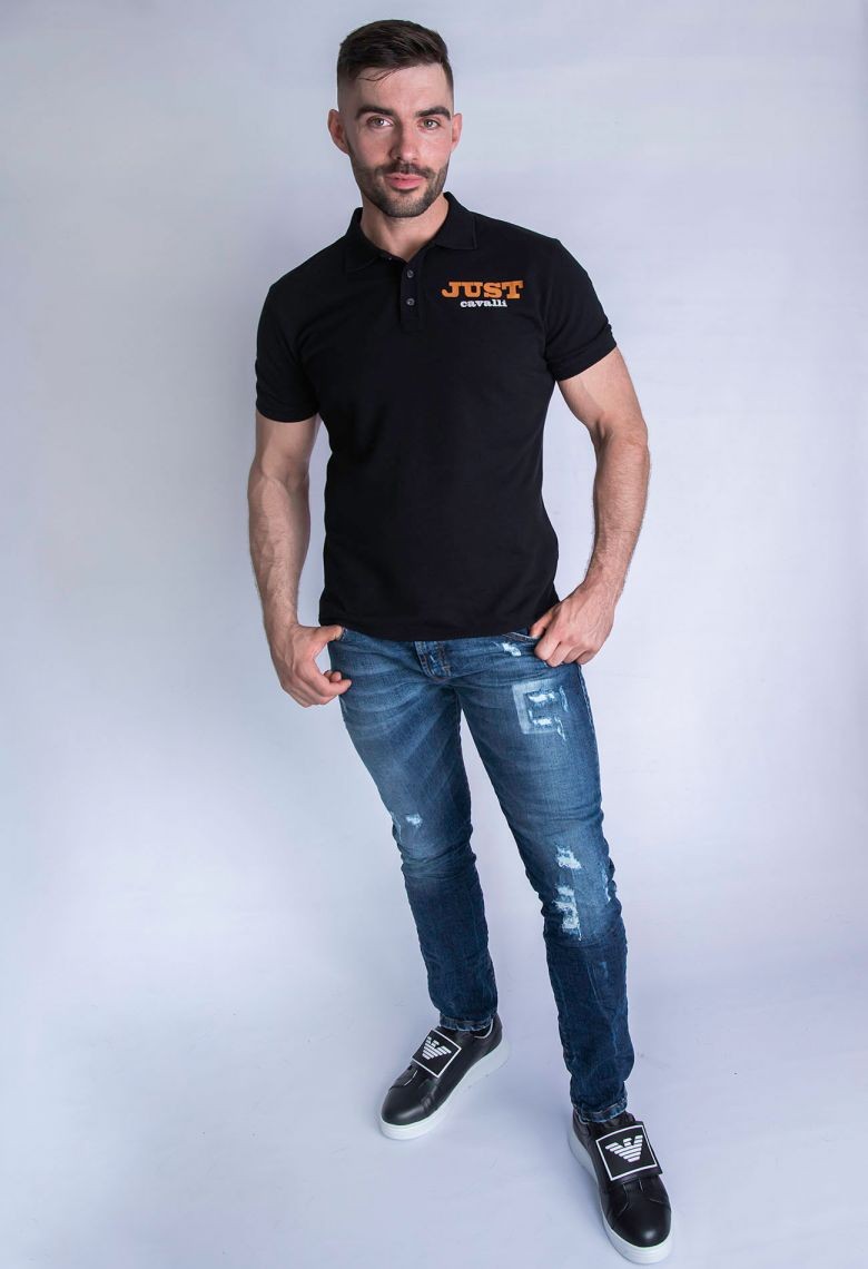 JUST CAVALLI Tricou polo pentru bărbați, negru auriu cu logo argintiu