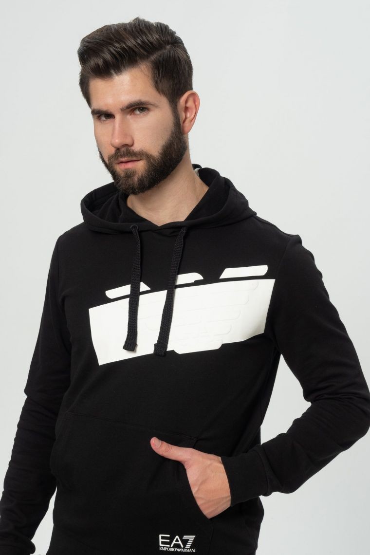 EA7 Hanorac negru pentru bărbați cu logo alb mare