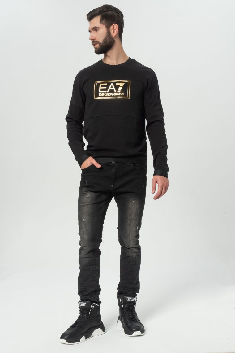 EA7 Black men's sweatshirt with large gold logo