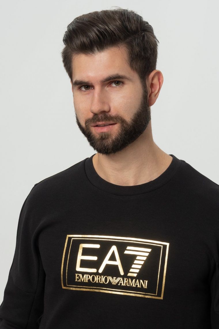 EA7 Black men's sweatshirt with large gold logo