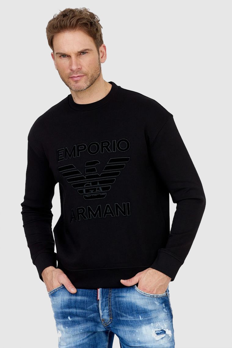 EMPORIO ARMANI Black men's sweatshirt with velvet logo