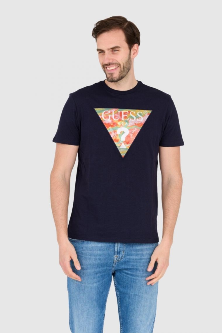 GUESS Granatowy bawełniany męski T-shirt slim fit