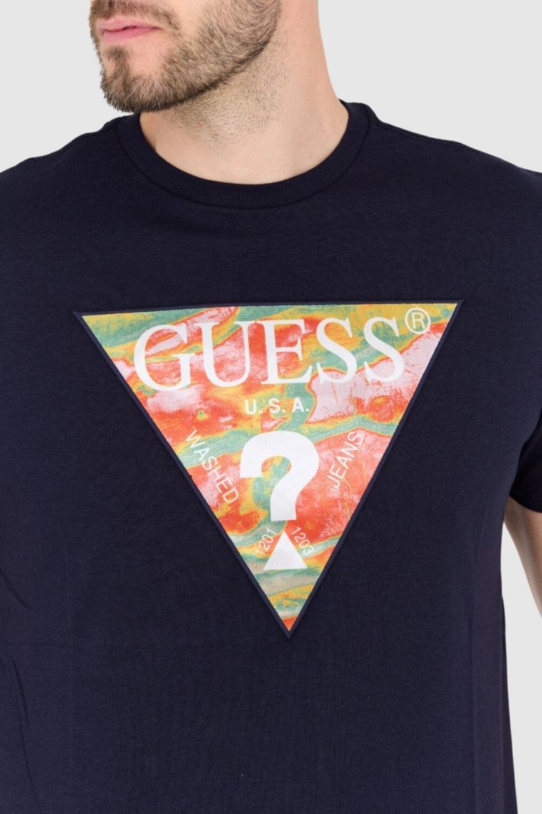 GUESS Granatowy bawełniany męski T-shirt slim fit