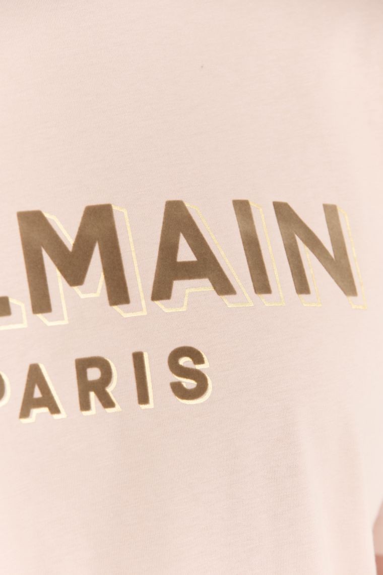 BALMAIN Beżowy t-shirt z aksamitnym logo flock and foil