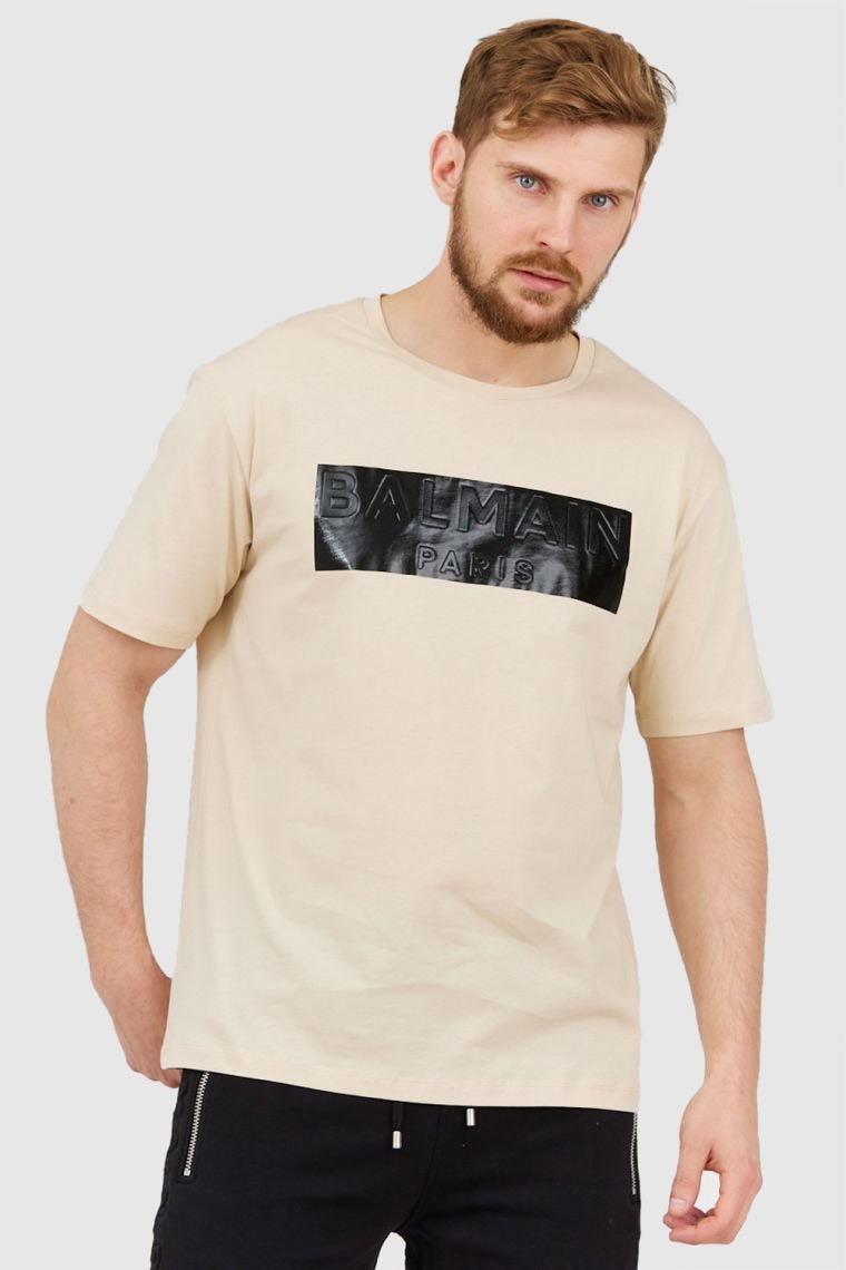 BALMAIN Beige men's t-shirt with logo applique