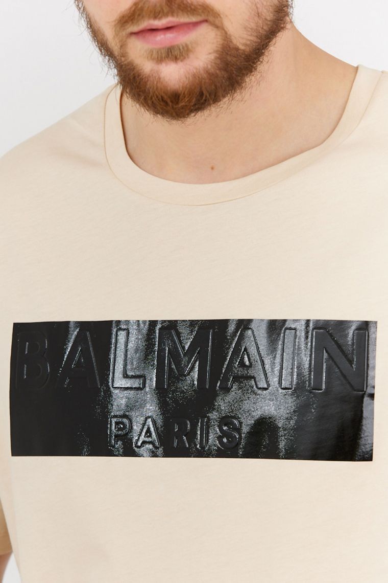BALMAIN Beige men's t-shirt with logo applique