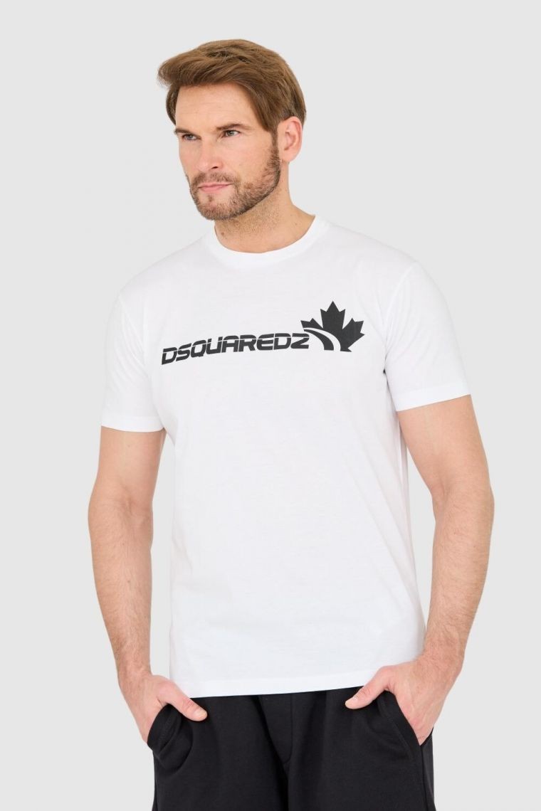 DSQUARED2 Tricou alb din bumbac pentru bărbați cu logo mare
