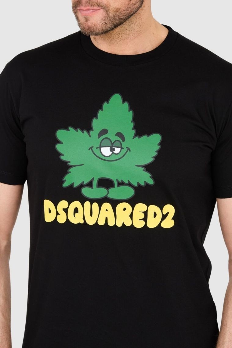 DSQUARED2 Black t-shirt with logo and green leaf