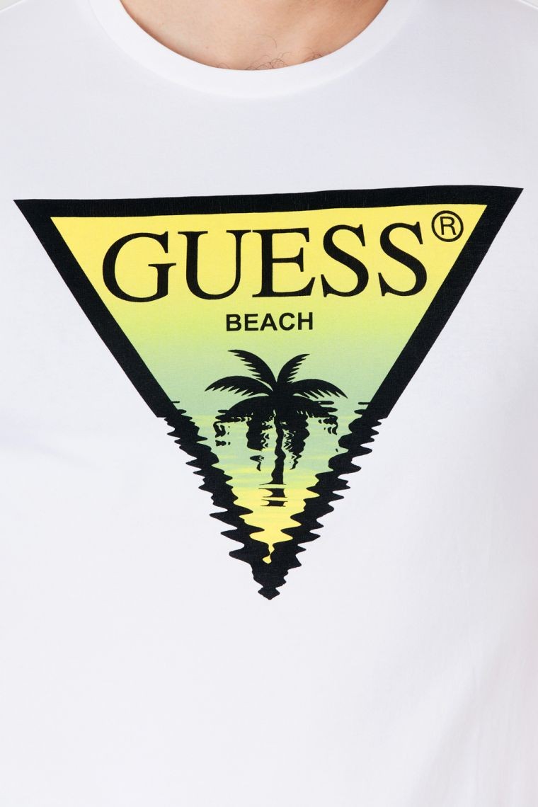 GUESS Biały t-shirt męski z logo z palmą