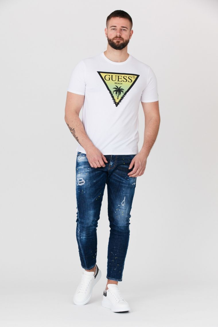 GUESS White men's logo t-shirt with palm tree