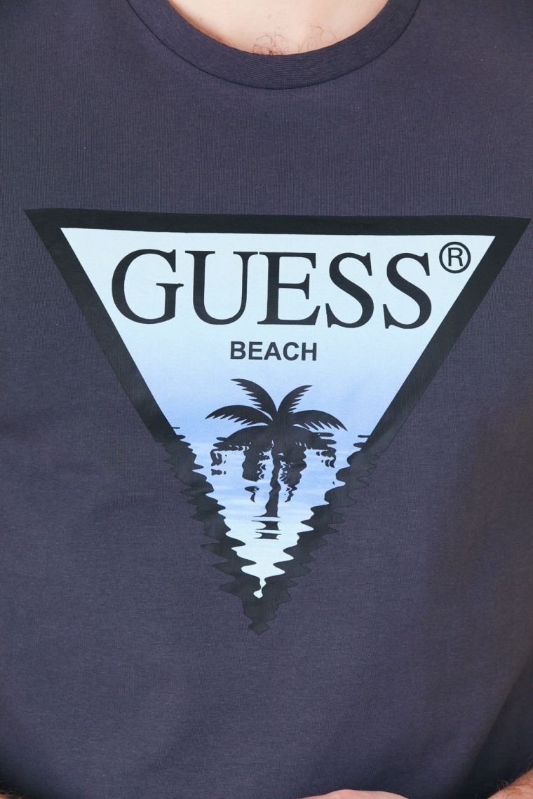 GUESS Grafitowy t-shirt męski z logo z palmą