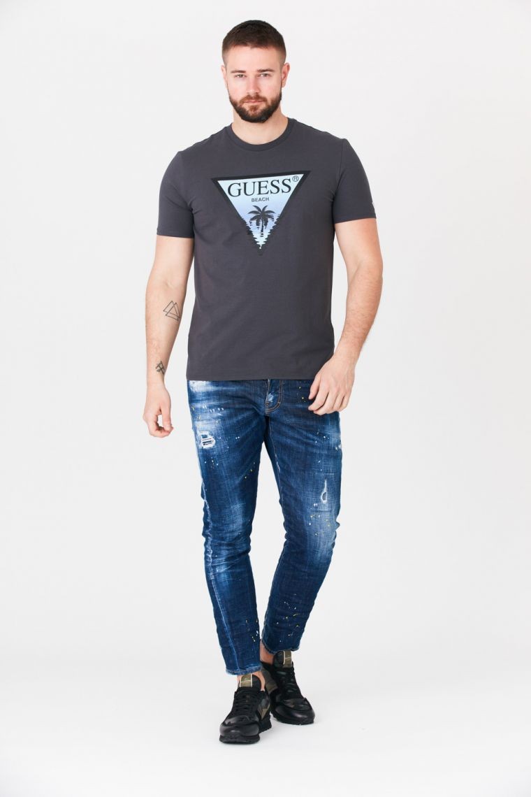 GUESS Grafitowy t-shirt męski z logo z palmą