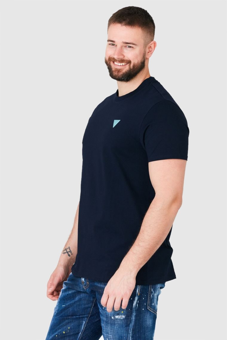 GUESS Men's navy blue t-shirt with turquoise logo