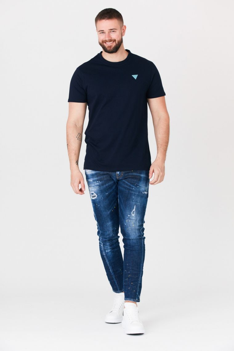 GUESS Men's navy blue t-shirt with turquoise logo