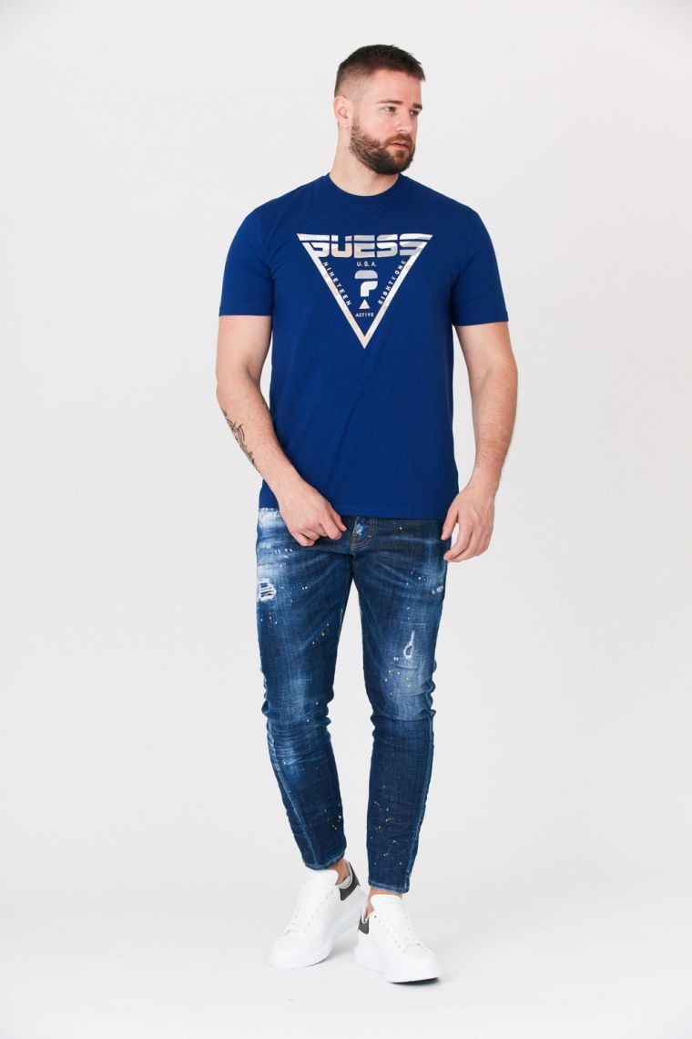 GUESS Men's navy blue logo t-shirt in moro pattern