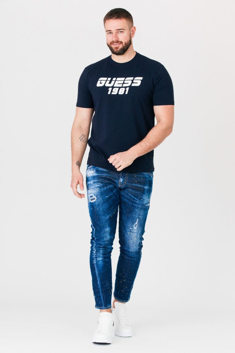 GUESS Men's navy blue t-shirt with reflective logo