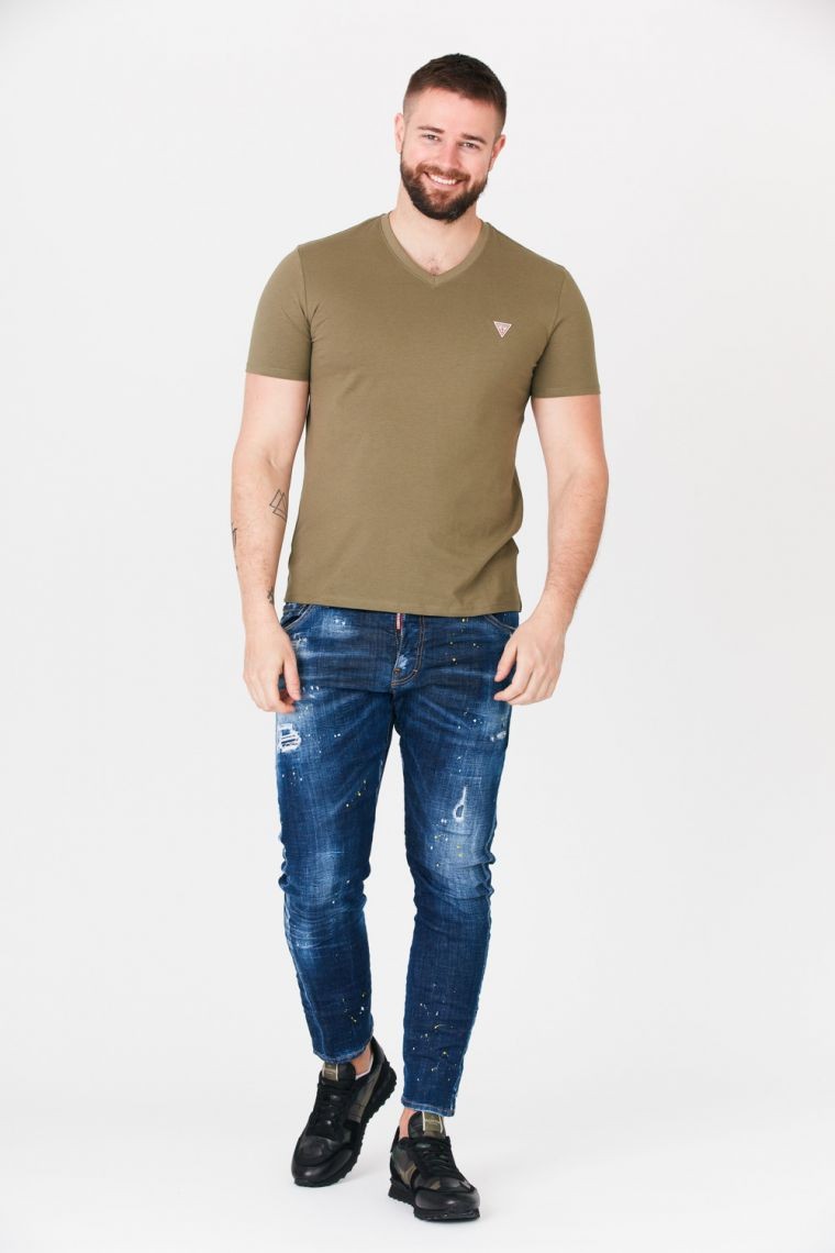 GUESS Khaki t-shirt męski w serek