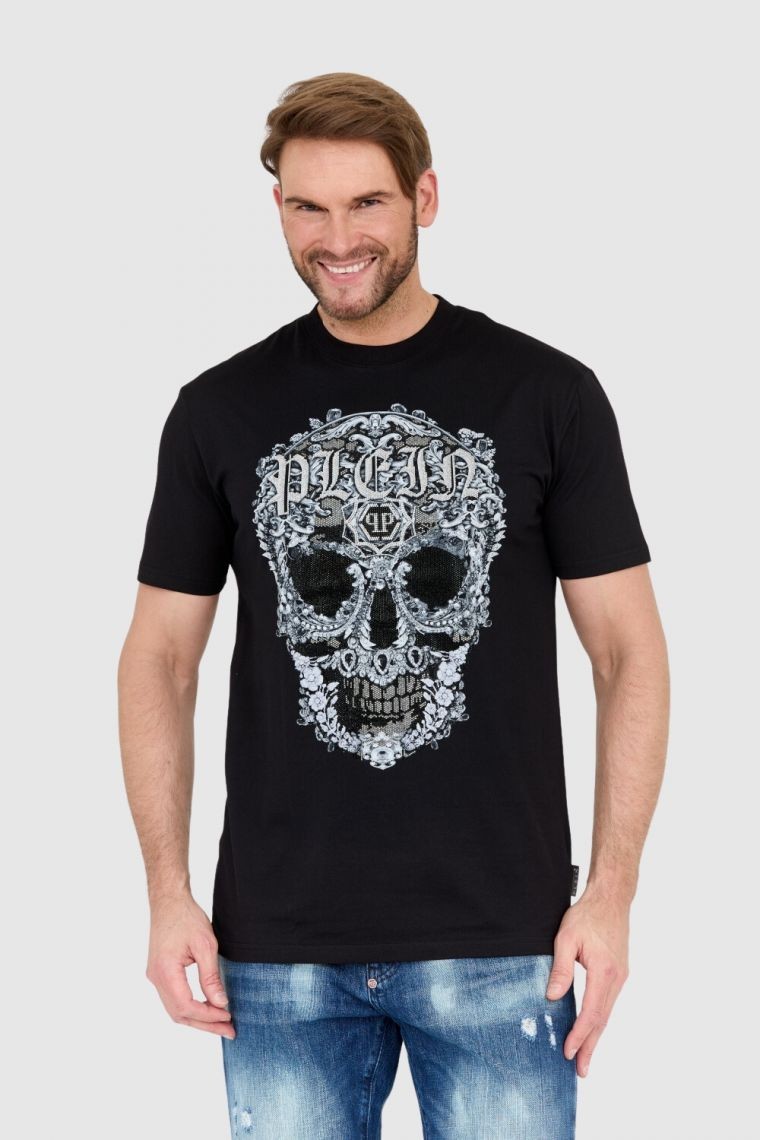 PHILIPP PLEIN Czarny męski t-shirt z czaszką zdobioną dżetami