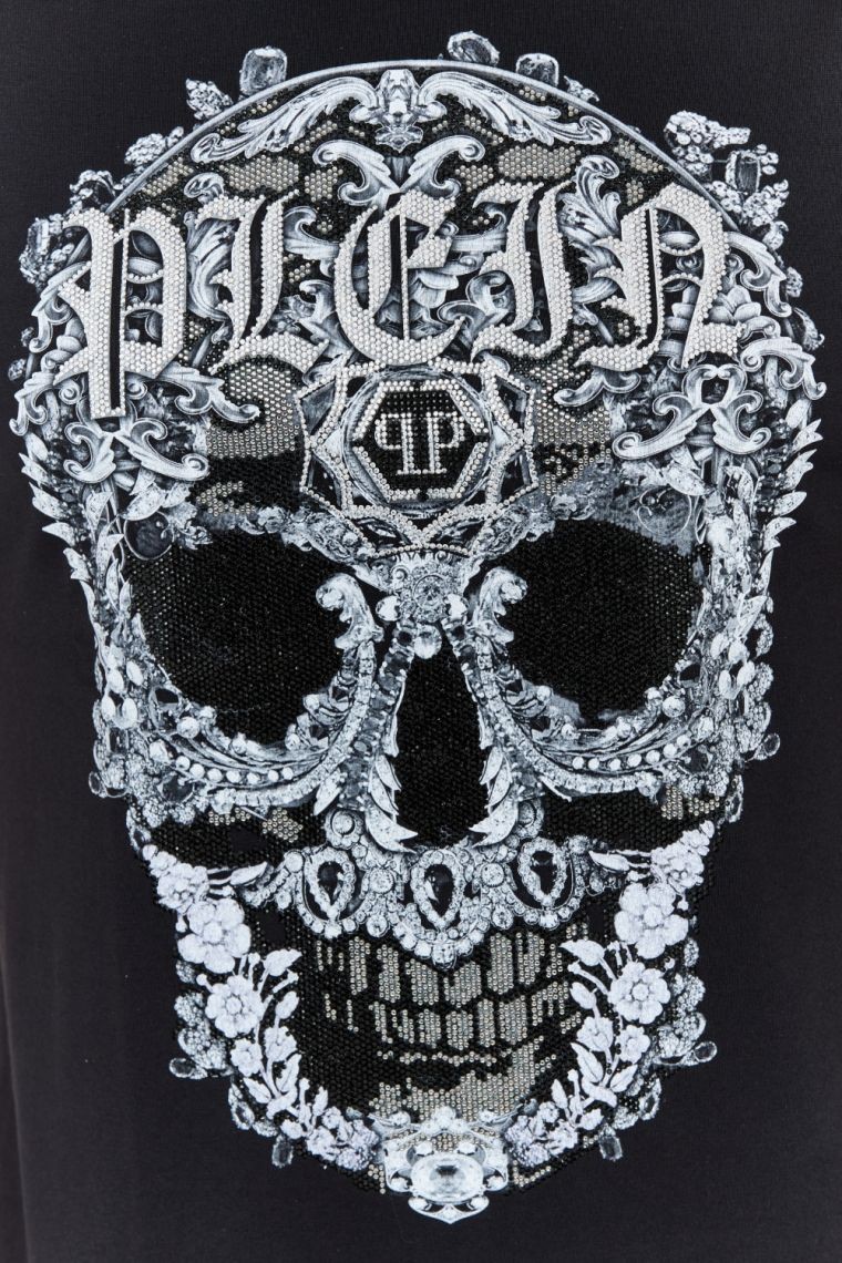 PHILIPP PLEIN Czarny męski t-shirt z czaszką zdobioną dżetami