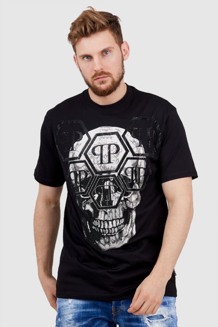 PHILIPP PLEIN Czarny t-shirt męski Round neck ss iconic plein