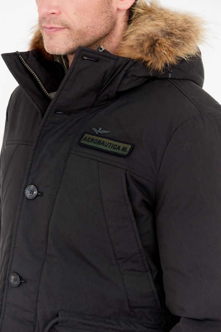 AERONAUTICA MILITARE Black men's parka with raccoon fur