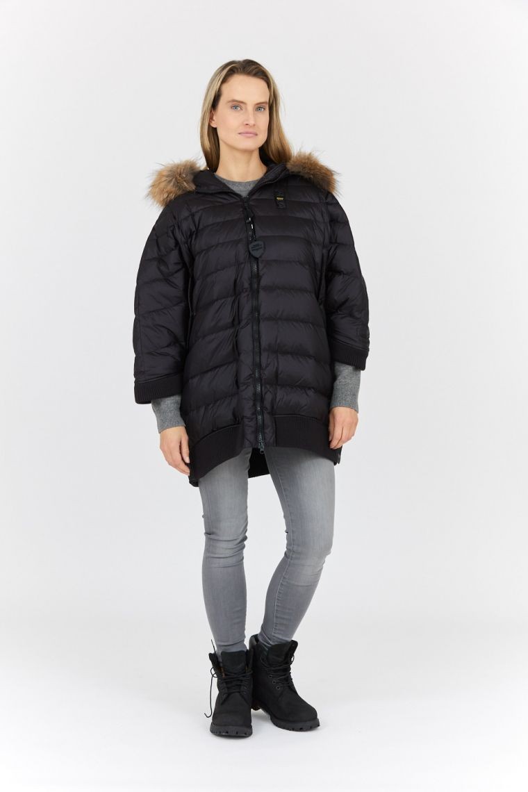 BLAUER Black down cape with raccoon fur