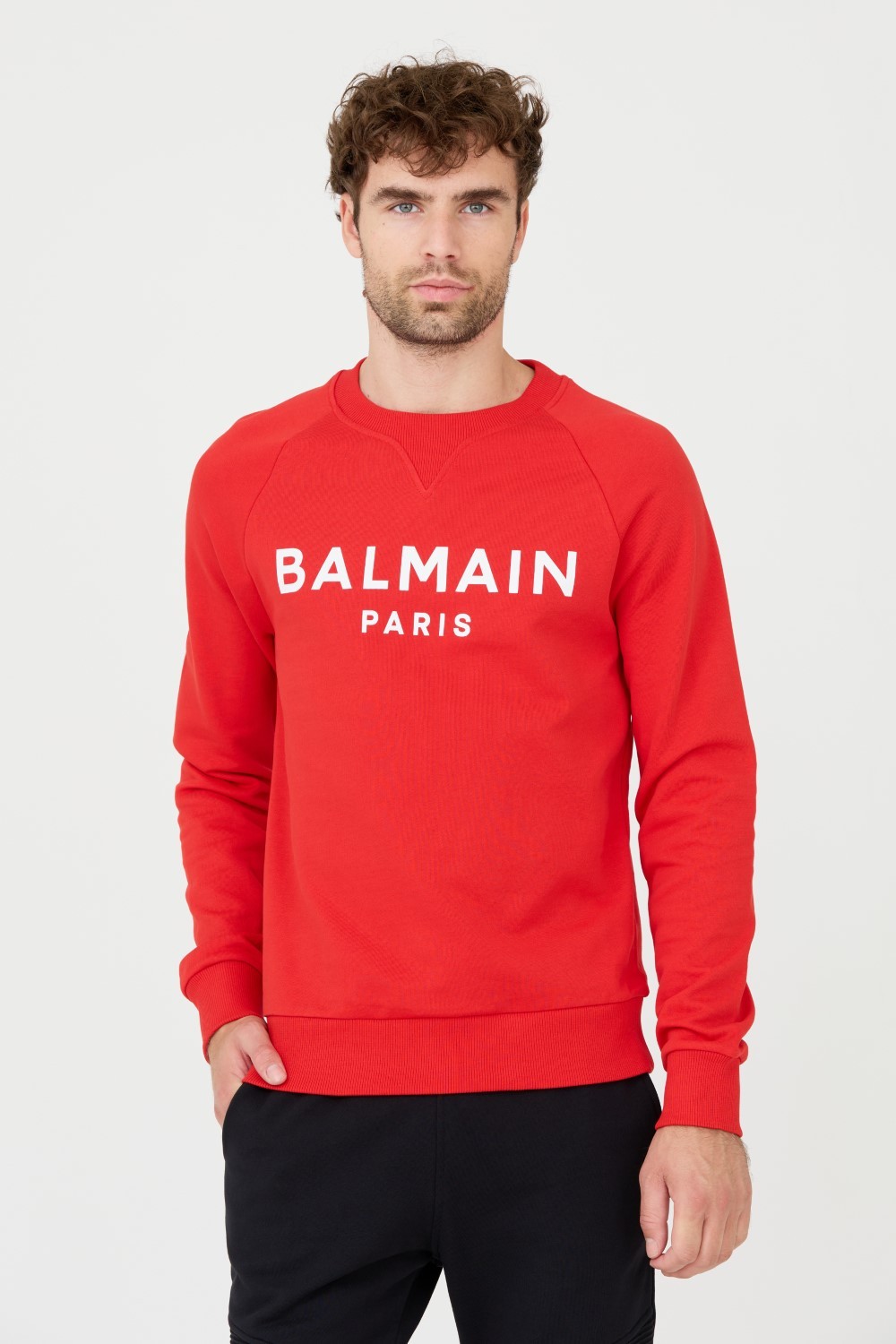 BALMAIN Czerwona męska bluza Printed Sweatshirt
