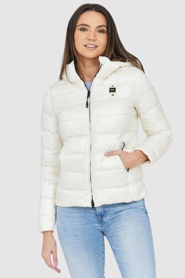 BLAUER Puchowa kurtka ecru z kapturem Claudia fashion down jacket with hood