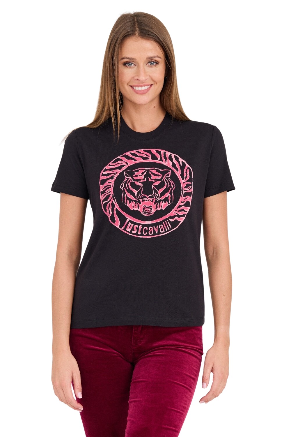JUST CAVALLI Czarny damski t-shirt R Tiger Round Flock