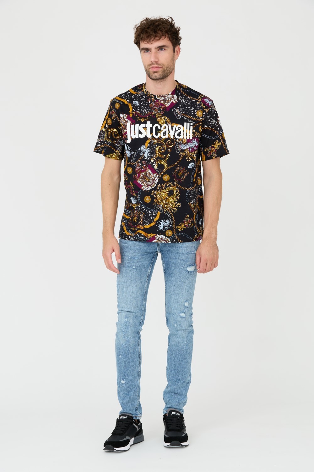 JUST CAVALLI Negru bărbați R imprimare Iconic scuturi T-shirt