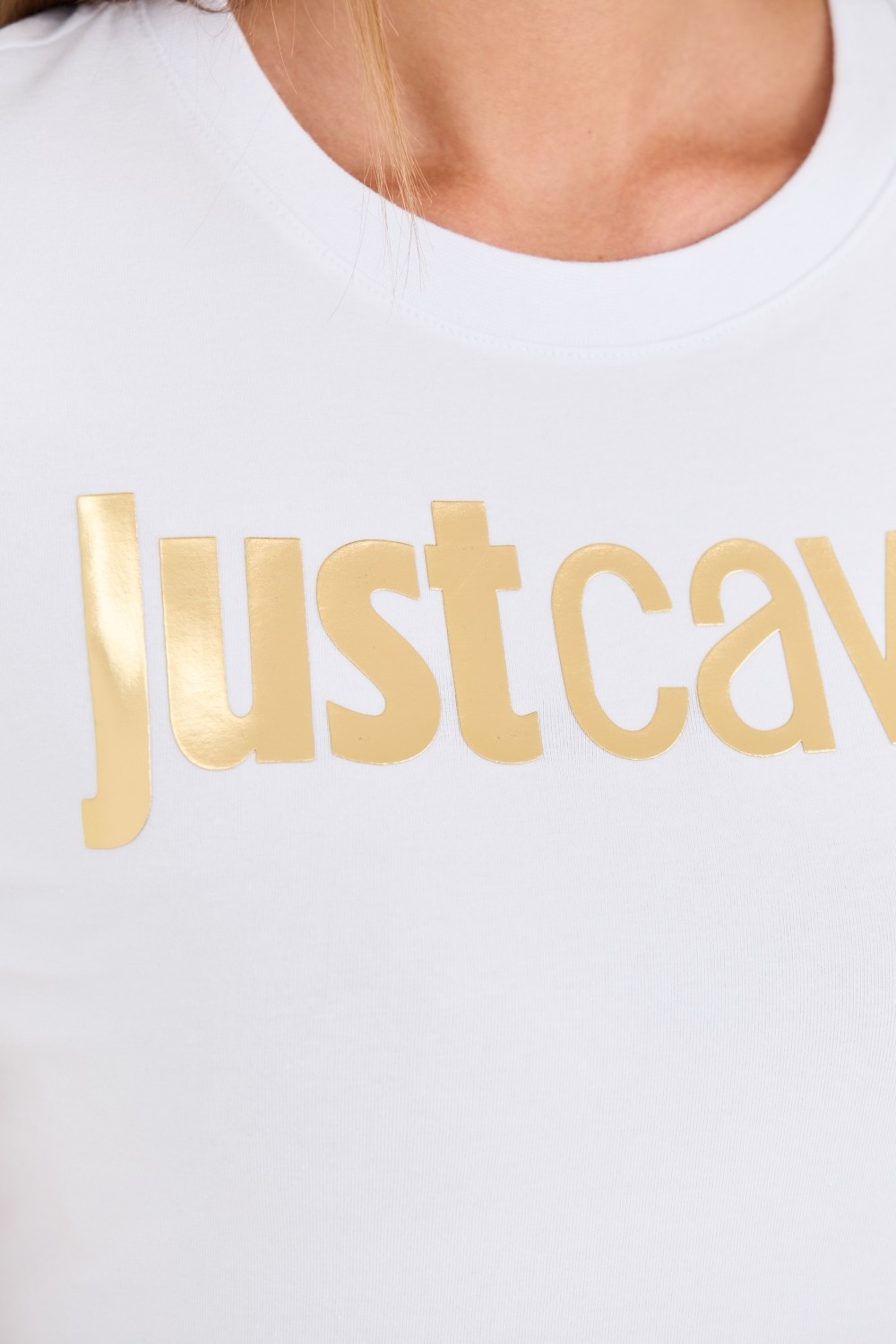 Біла футболка з золотим логотипом JUST CAVALLI