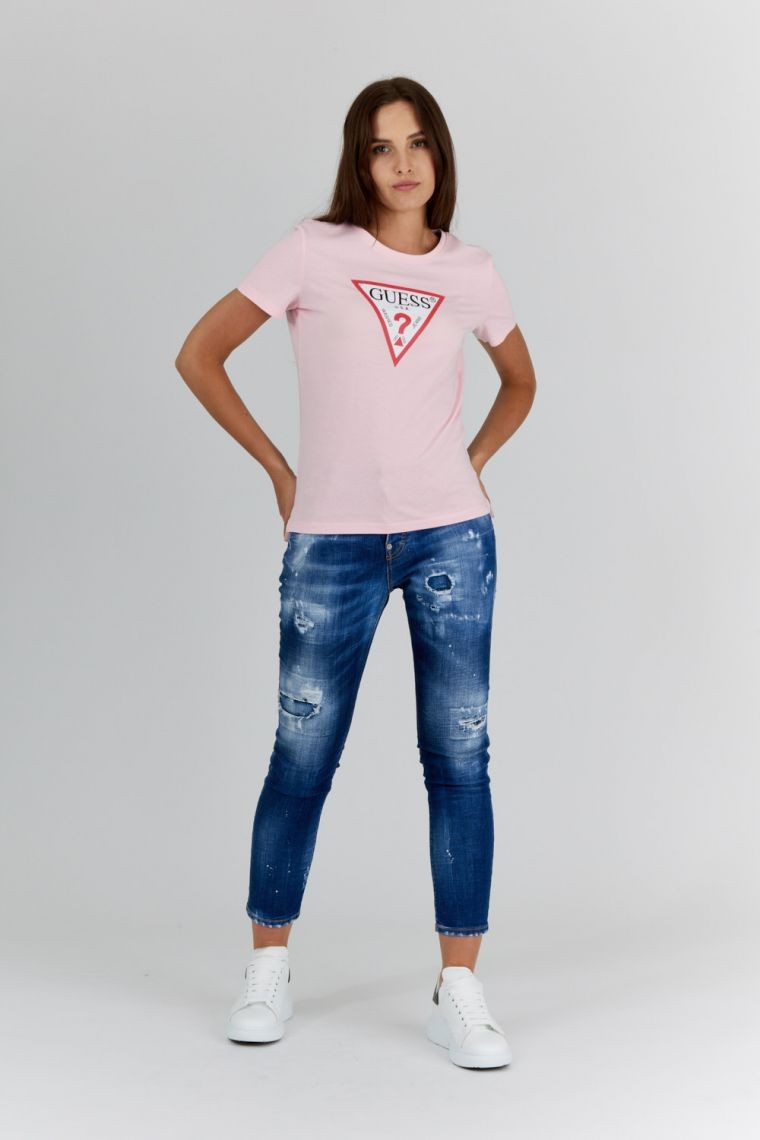 GUESS Różowy t-shirt damski z trójkątnym logo