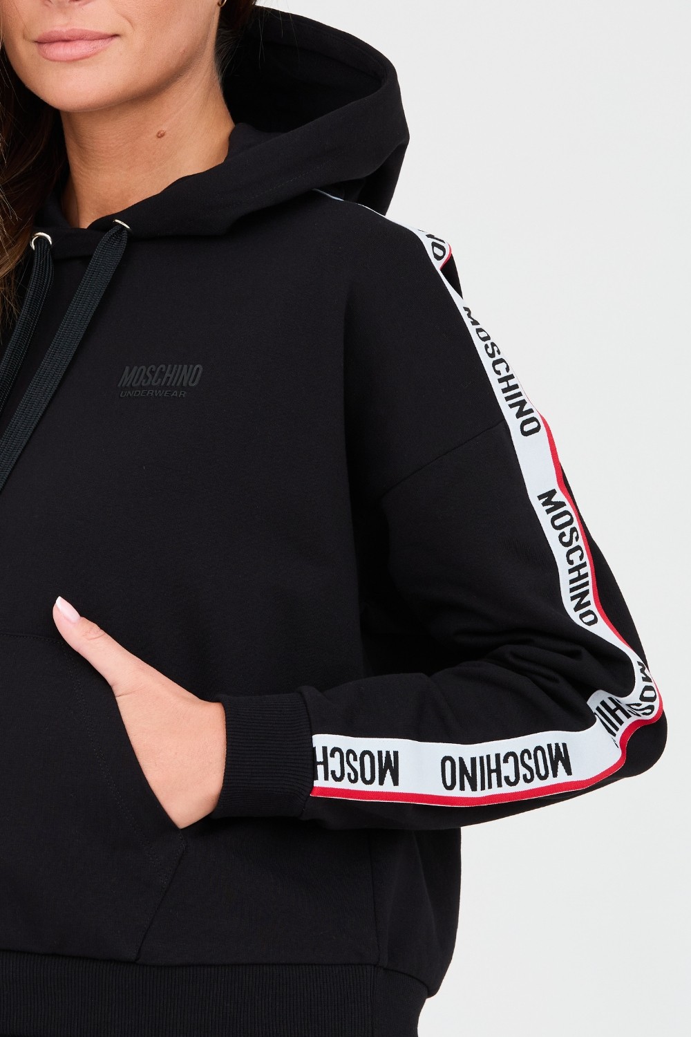 MOSCHINO Black hooded sweatshirt with piping