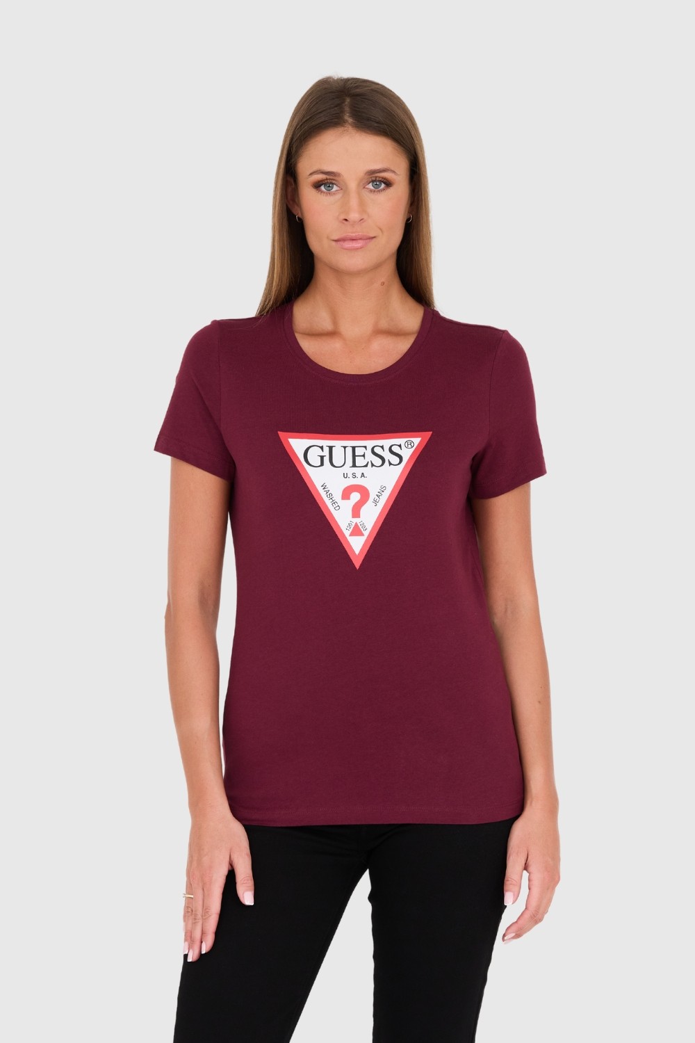 GUESS Bordowy damski t-shirt bawełniany Original Tee