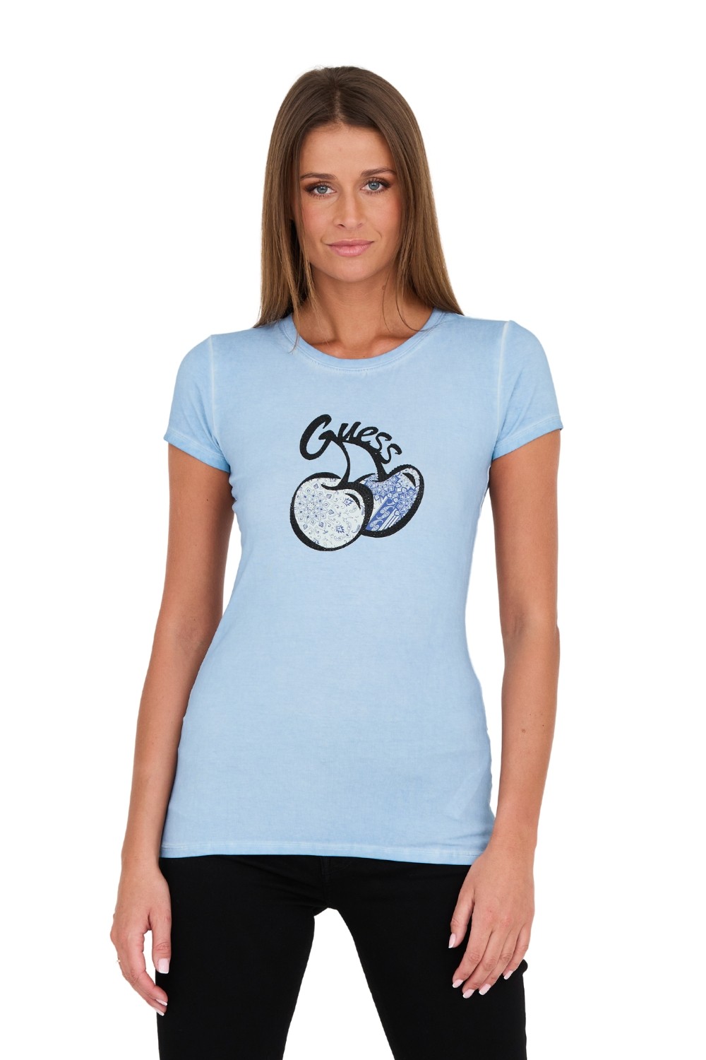 GUESS Niebieski damski t-shirt bawełniany z printem i cyrkoniami