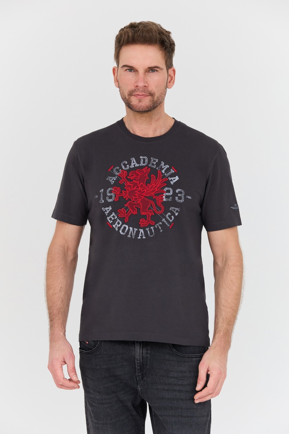 AERONAUTICA MILITARE Szary bawełniany męski t-shirt M.C.