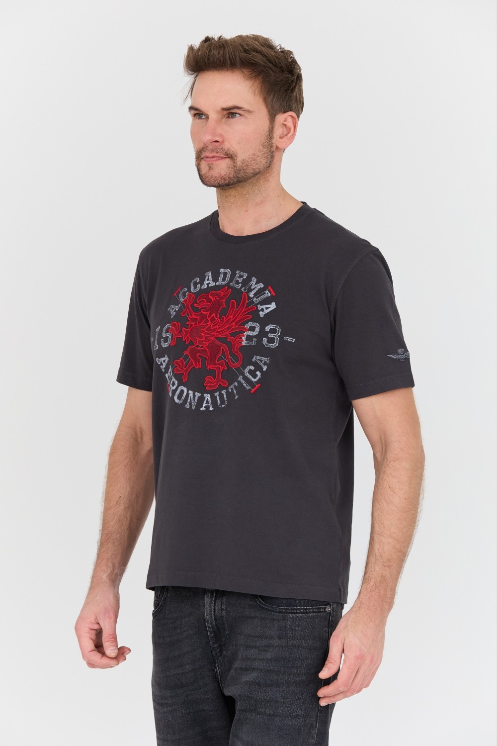 AERONAUTICA MILITARE Szary bawełniany męski t-shirt M.C.