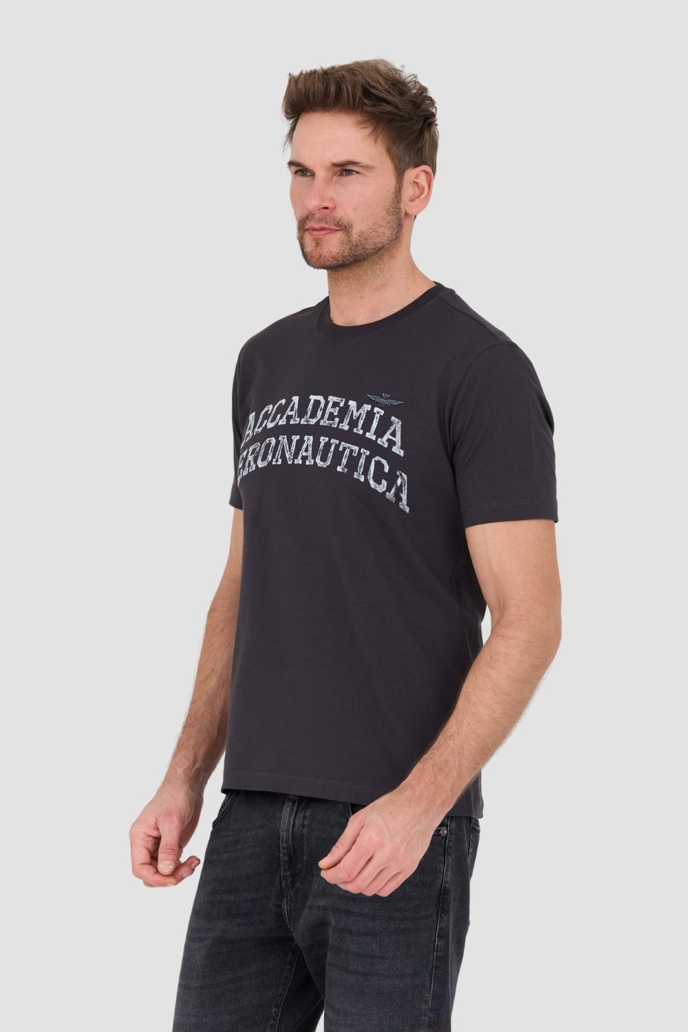 AERONAUTICA MILITARE Grafitowy bawełniany męski t-shirt M.C.