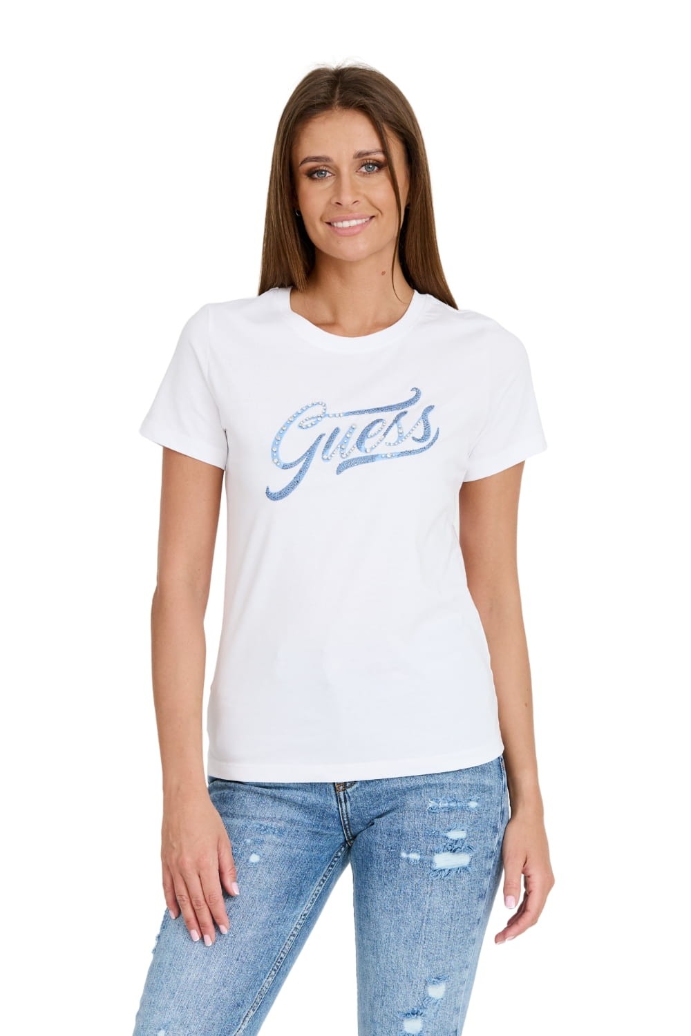 GUESS Biały T-shirt STONES&EMBRO TEE