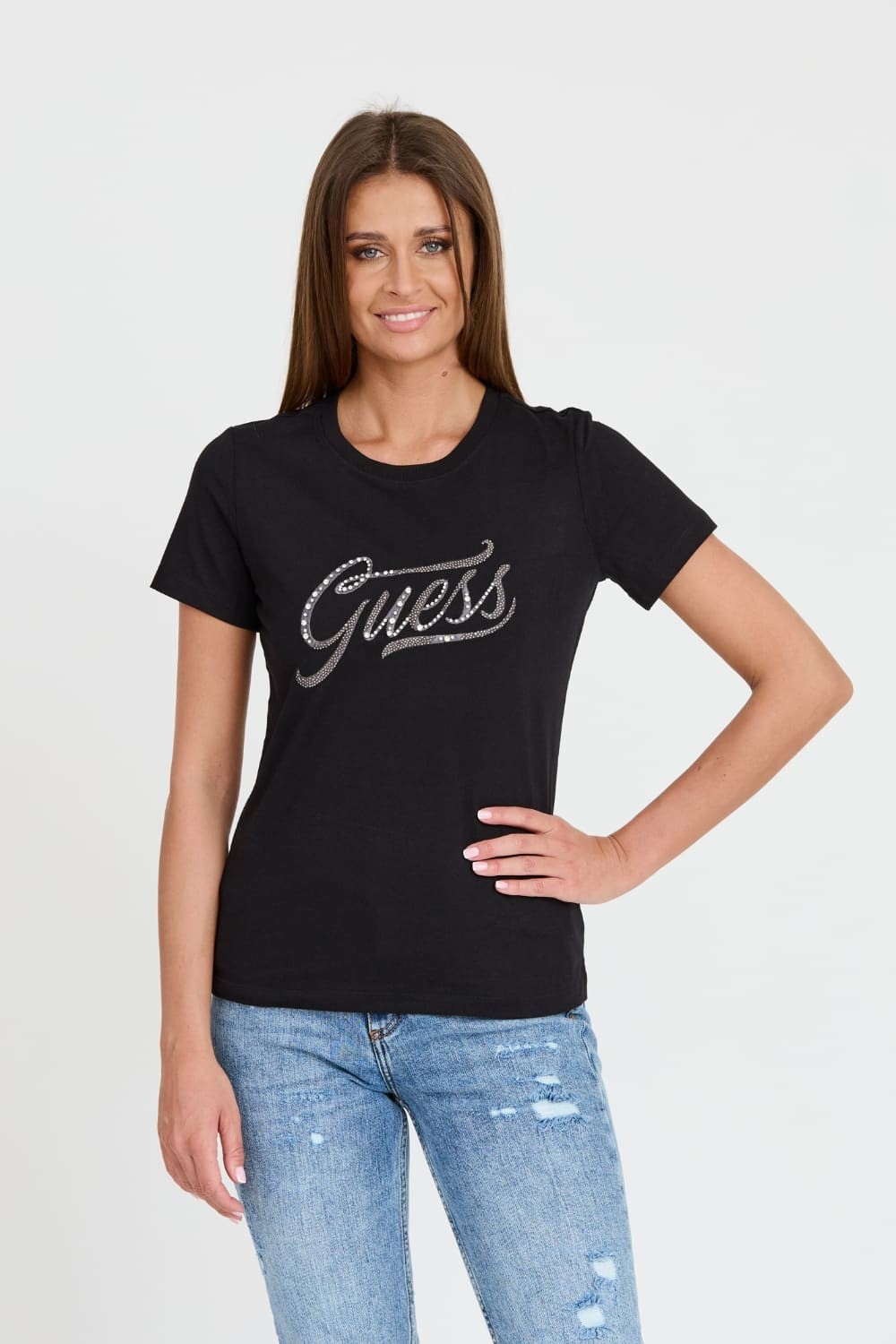 GUESS Czarny damski T-shirt bawełnany STONES&EMBRO TEE