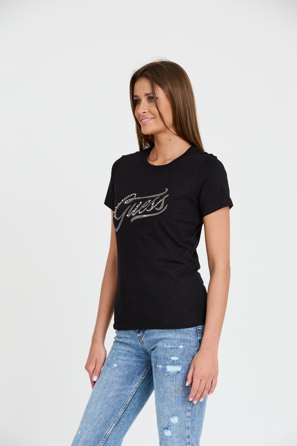 GUESS Czarny damski T-shirt bawełnany STONES&EMBRO TEE